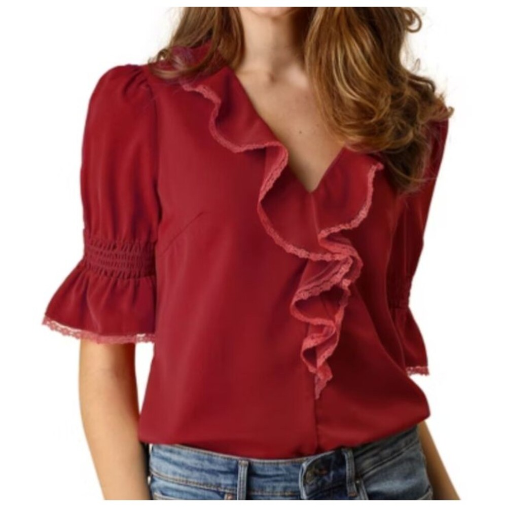 Allegra K Women’s Ruffled Romantic Boho Blouse size S Dark Red NWOT V-Neck